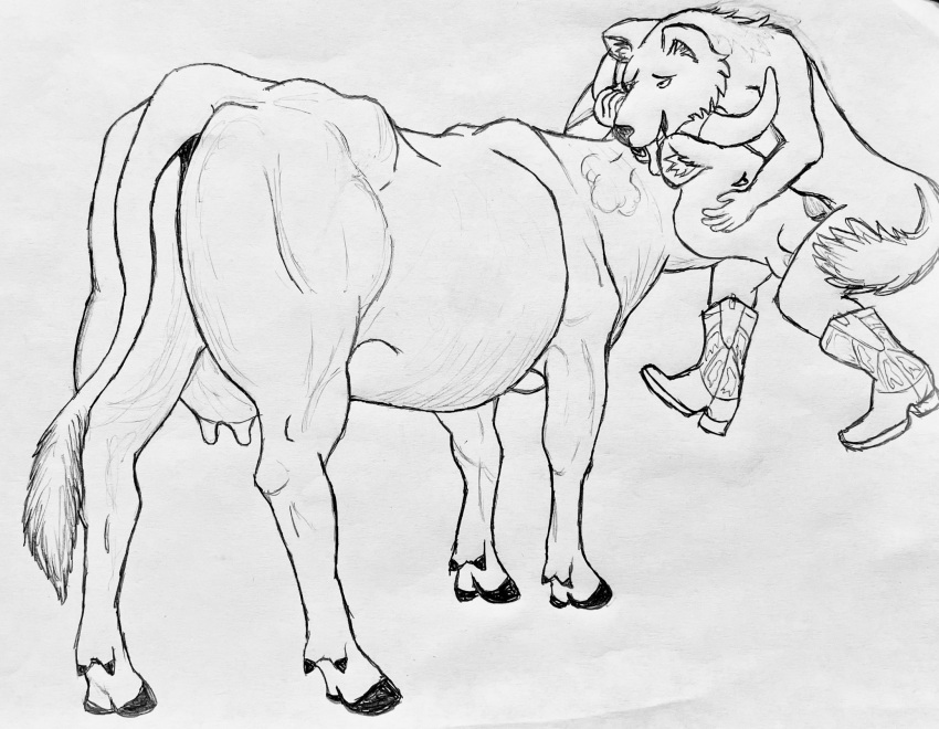 anthro anthro_on_feral anthro_penetrating anthro_penetrating_feral bestiality boots bovid bovine butt canid canine cattle clothing cowboy_boots duo face_fucking face_hugging face_mounting fellatio female feral feral_penetrated footwear graphite_(artwork) head_in_crotch hgythshs hi_res holding_on horn horn_grab irrumatio larger_penetrated lift_job lifted looking_pleasured male male/female mammal monochrome mostly_nude oral pencil_(artwork) penetration penile sex size_difference size_play teats traditional_media_(artwork) udders