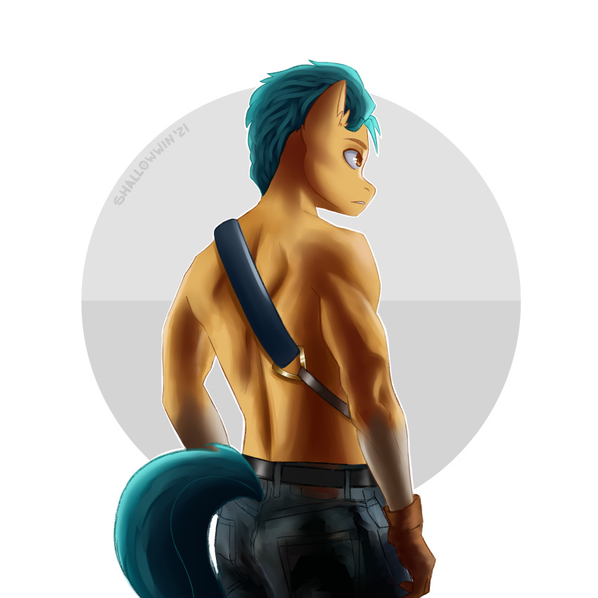 1:1 2021 absurd_res anthro anthrofied belt bottomwear clothed clothing digital_media_(artwork) earth_pony equid equine gloves green_hair green_tail hair handwear hasbro hi_res hitch_trailblazer_(mlp) horse male mammal mlp_g5 muscular muscular_anthro muscular_male my_little_pony pants pony shallowwin shirtless signature simple_background solo tail topless white_background yellow_body