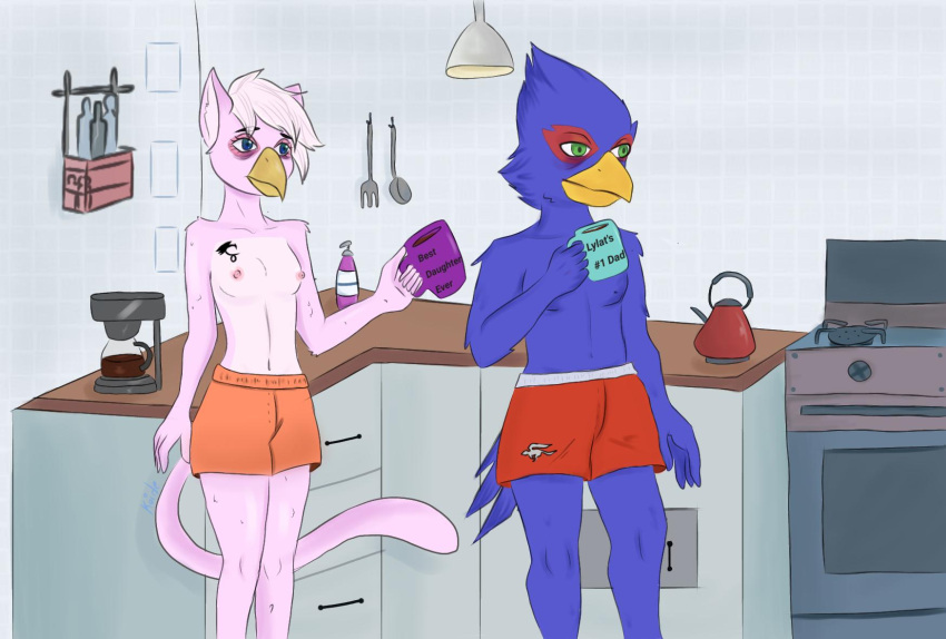 alicia_lombardi animal_humanoid anthro avian avian_humanoid beverage bird boxers_(clothing) breasts clothed clothing coffee coffee_cup coffee_mug colored container cup daughter domestic_cat duo falco_lombardi falcon falconid fan_character father father_and_child father_and_daughter felid feline felis female groggy hi_res humanoid hybrid koikoidell male mammal nintendo nipples parent parent_and_child parent_and_daughter small_breasts star_fox tattoo text text_on_cup topless underwear video_games