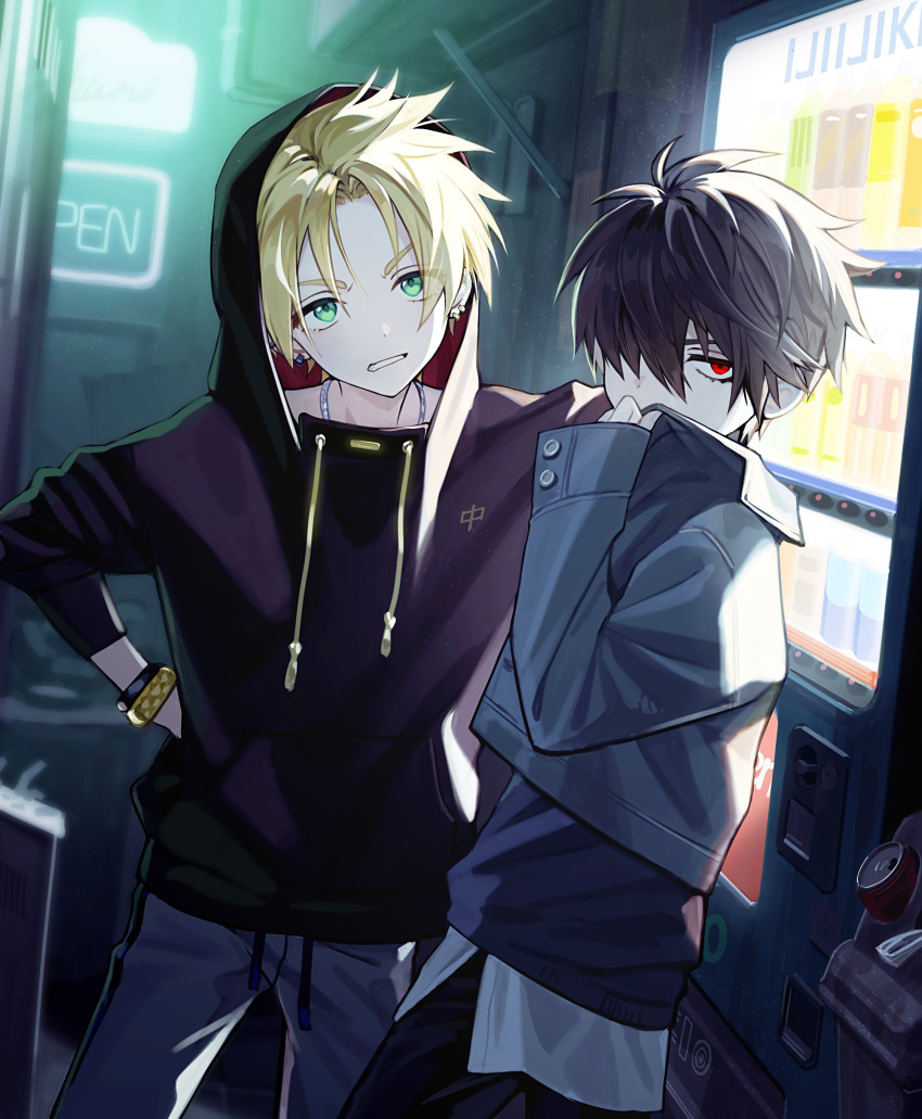 2boys absurdres bangs black_hair blonde_hair can commentary ear_piercing green_eyes hair_between_eyes hair_over_one_eye hand_on_hip highres hood hood_up hoodie jacket jewelry long_sleeves looking_at_viewer male_focus multiple_boys necklace neon_lights open_sign original outdoors pants piercing pillow_(nutsfool) red_eyes sign spiked_hair symbol-only_commentary vending_machine