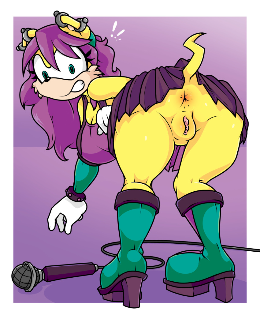 anthro anus archie_comics bent_over butt clothed clothing female footwear genitals hi_res high_heels looking_at_viewer microphone mina_mongoose presenting presenting_anus presenting_hindquarters presenting_pussy pussy sega simple_background solo sonic_the_hedgehog_(archie) sonic_the_hedgehog_(comics) sonic_the_hedgehog_(series) surprise tinydevilhorns upskirt