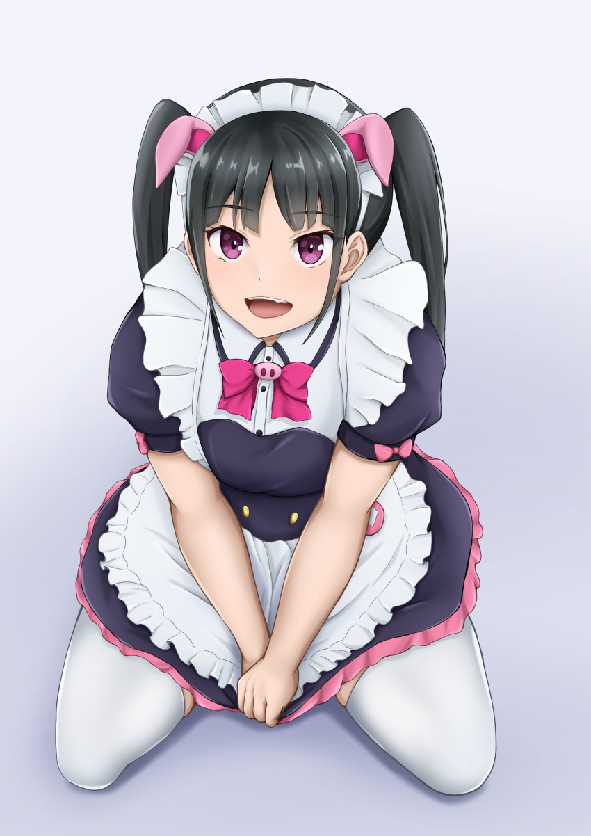 1girl :d absurdres akiba_maid_sensou an_(ann7dornat) animal_ears apron black_dress black_hair bow commission dress fake_animal_ears highres looking_at_viewer maid_apron maid_headdress pink_bow purple_eyes seiza simple_background sitting skeb_commission smile solo thighhighs twintails white_background white_thighhighs yumechi_(akiba_maid_sensou)