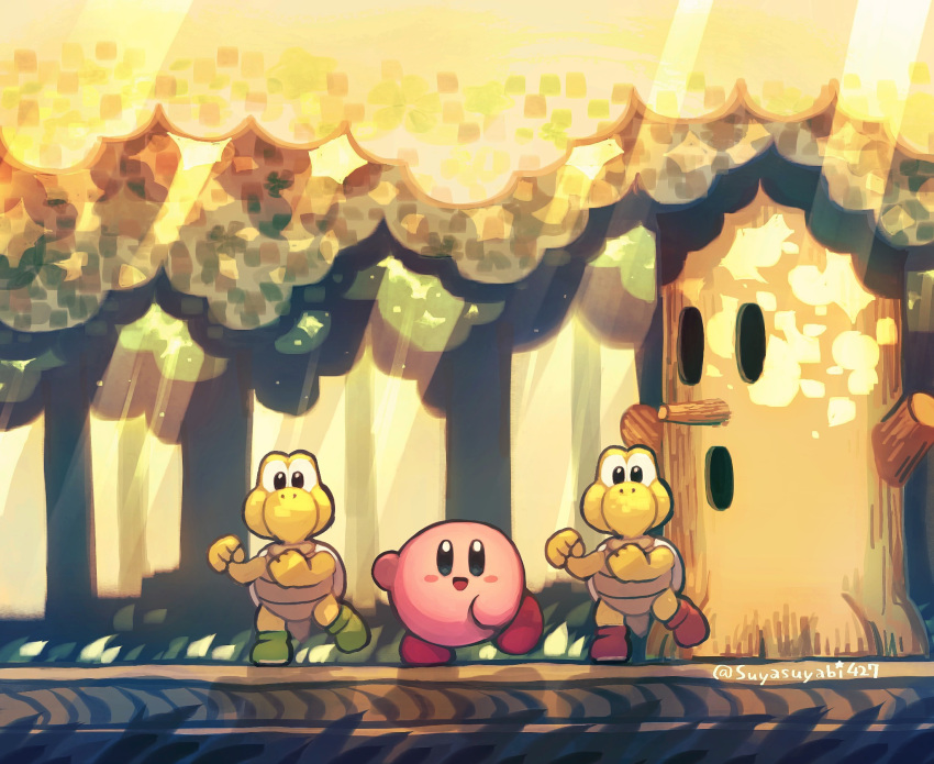 :d forest full_body grass green_footwear highres kirby kirby_(series) koopa_troopa light_rays looking_at_viewer mario_(series) nature nintendo no_humans open_mouth outdoors red_footwear smile standing standing_on_one_leg suyasuyabi tree whispy_woods