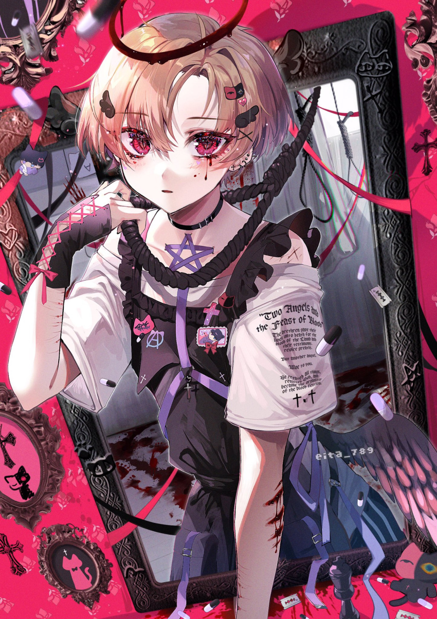 1boy androgynous apron bleeding blonde_hair blood choker eita_789 eyeshadow_under_eye hair_ornament harajuku_fashion highres maid_apron male_focus original pentagram picture_frame pill red_eyes self_harm shirt t-shirt yami_kawaii