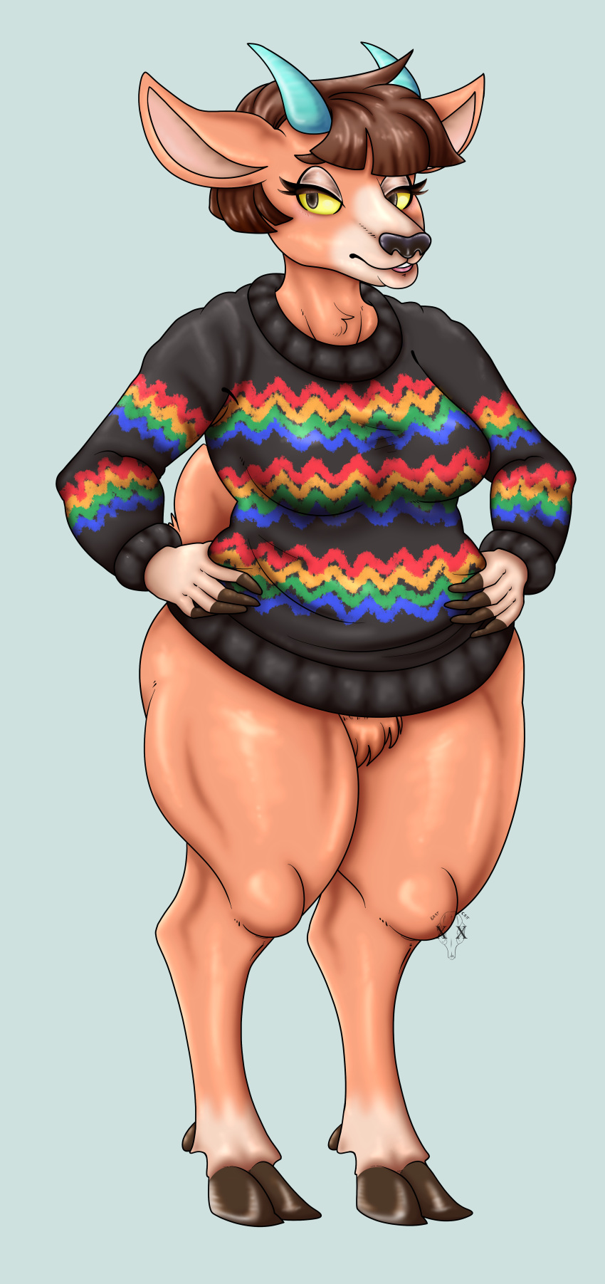 absurd_res animal_crossing anthro big_breasts blue_background bottomless bovid bratcatt breasts brown_eyes brown_hair caprine clothed clothing crotch_tuft dark_sweater dark_topwear eyelashes female fur goat hair hand_on_hip hi_res hooves horn mammal nintendo pashmina_(animal_crossing) peach_body short_hair simple_background solo sweater tan_body tan_fur thick_thighs topwear tuft video_games wide_hips yellow_sclera