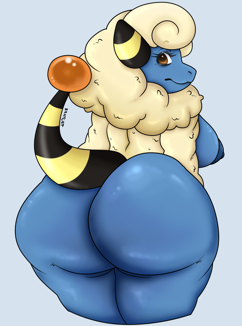 absurd_res anthro areola big_breasts big_butt blue_areola blue_background blue_body blue_fur blue_nipples bovid bratcatt breasts brown_eyes butt caprine eyelashes female fur generation_2_pokemon hi_res horn huge_butt looking_at_viewer looking_back looking_back_at_viewer mammal mareep markings nintendo nipples nude pokemon pokemon_(species) sheep simple_background solo striped_markings striped_tail stripes tail_markings thick_thighs video_games white_body white_fur wide_hips
