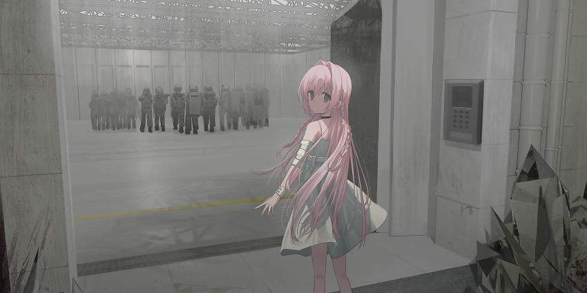 1girl 6+others bare_shoulders black_choker black_footwear black_headwear black_jacket black_pants braid chihuri choker closed_mouth dress from_behind gun hair_intakes helmet highres holding holding_gun holding_weapon indoors jacket long_hair looking_at_viewer looking_back multiple_others nea_(chihuri) original pants pink_hair riot_shield shield shoes sleeveless sleeveless_dress solo_focus standing twin_braids very_long_hair weapon white_dress