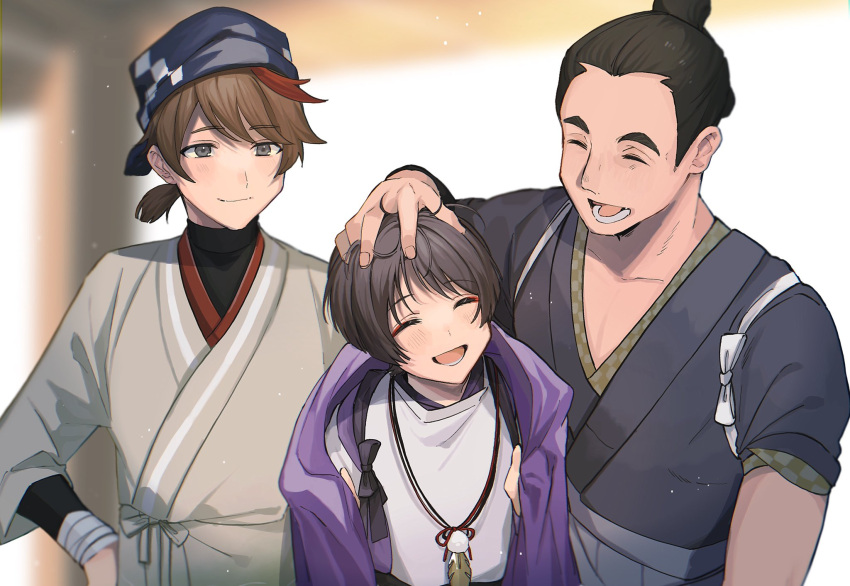 3boys brown_eyes brown_hair closed_eyes closed_mouth genshin_impact hand_on_another's_head happy head_scarf highres japanese_clothes jewelry kariginu multicolored_hair multiple_boys nakura_hakuto necklace niwa_(genshin_impact) purple_hair red_hair scaramouche_(genshin_impact) scaramouche_(kabukimono)_(genshin_impact) sleeves_rolled_up smile streaked_hair
