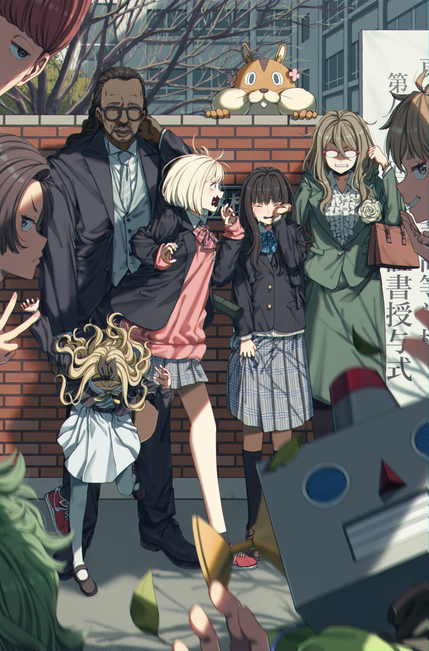 3boys 6+girls absurdres bag black_hair blonde_hair brown_hair crying dark-skinned_male dark_skin glasses hair_ornament hair_ribbon handbag harukawa_fuki height_difference highres inoue_takina kurumi_(lycoris_recoil) kusunoki_(lycoris_recoil) lycoris_recoil majima_(lycoris_recoil) mika_(lycoris_recoil) mochi_(m0chi0000) multiple_boys multiple_girls nakahara_mizuki neck_ribbon nishikigi_chisato otome_sakura pantyhose ribbon robota_(lycoris_recoil) v