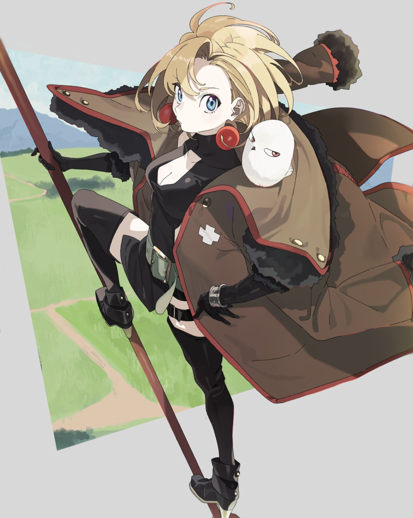 1girl artemis_(junketsu_no_maria)_(bird) blonde_hair blue_eyes boots breasts broom broom_riding cleavage cleavage_cutout clothing_cutout elbow_gloves fur_trim gloves highres junketsu_no_maria machi_(wm) maria_(junketsu_no_maria) medium_hair miniskirt skirt thighhighs trench_coat witch