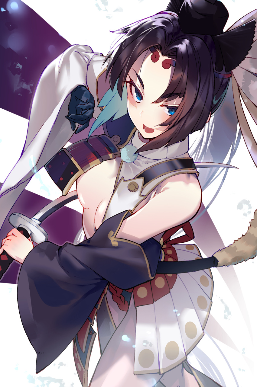 1girl absurdres black_hair blue_eyes breasts detached_sleeves fate/grand_order fate_(series) gloves haruto624 hat highres holding holding_sword holding_weapon katana long_hair side_ponytail single_glove sword ushiwakamaru_(fate) weapon wide_sleeves