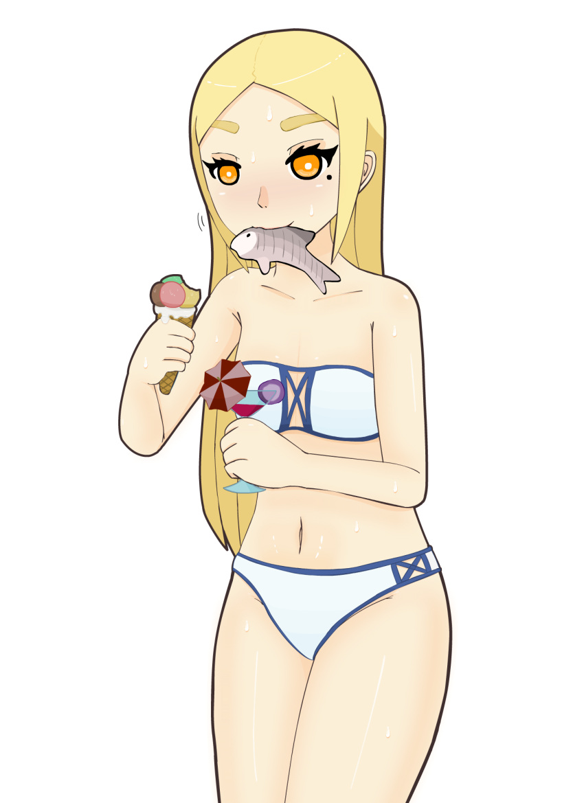 1girl bikini blonde_hair breasts eating food highres ice_cream mari_gold mole mole_under_eye orange_eyes original rong_rong runescape small_breasts swimsuit tagme thick_eyebrows