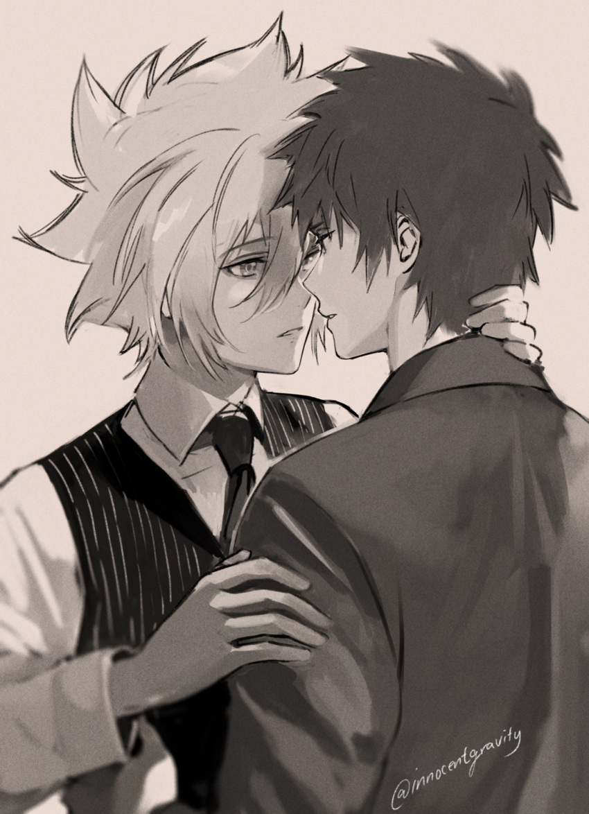 2boys cezaria collared_shirt eye_contact from_behind giotto_(reborn) greyscale hair_between_eyes hand_on_another's_arm hand_on_another's_neck highres imminent_kiss katekyo_hitman_reborn! long_hair looking_at_another male_focus monochrome multiple_boys necktie parted_lips pinstripe_pattern pinstripe_vest shirt short_hair simon_cozzato simple_background spiked_hair striped twitter_username upper_body vest white_background yaoi