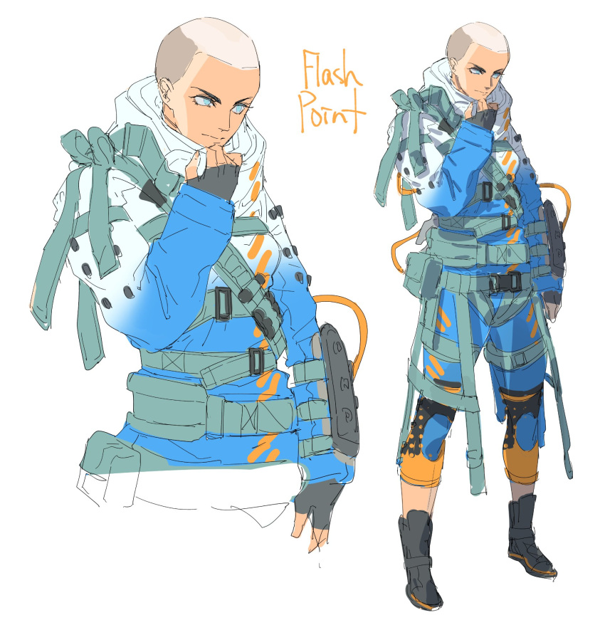 1girl animification apex_legends bald bald_girl belt black_footwear black_gloves blue_eyes blue_jumpsuit boots fingerless_gloves flashpoint_wraith full_body gloves gradient grey_belt highres jumpsuit looking_ahead simple_background solo thigh_strap thundergotch upper_body v-shaped_eyebrows white_background wraith_(apex_legends) zoom_layer