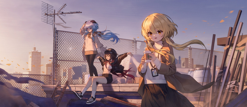 3girls :d ^_^ absurdres alternate_costume arm_up arms_up bangs black_footwear black_headwear black_jacket black_pantyhose black_shorts black_skirt blonde_hair blue_hair blue_sky brown_hair brown_jacket brown_scarf brown_skirt building chain-link_fence city closed_eyes closed_mouth commentary_request contemporary crop_top cup disposable_cup fence ganyu_(genshin_impact) genshin_impact goat_horns gradient_hair gradient_sky highres holding holding_cup horns hu_tao_(genshin_impact) id_card jacket ladder long_hair long_sleeves lumine_(genshin_impact) midriff multicolored_hair multiple_girls navel on_roof open_clothes open_jacket open_mouth orange_eyes orange_sky outdoors pantyhose plaid plaid_scarf purple_eyes red_hair scarf scenery shoes short_hair_with_long_locks shorts sitting skirt sky skyscraper smile sneakers socks standing starbucks starsd sunset sweater turtleneck turtleneck_sweater two-tone_footwear very_long_hair white_footwear white_socks white_sweater