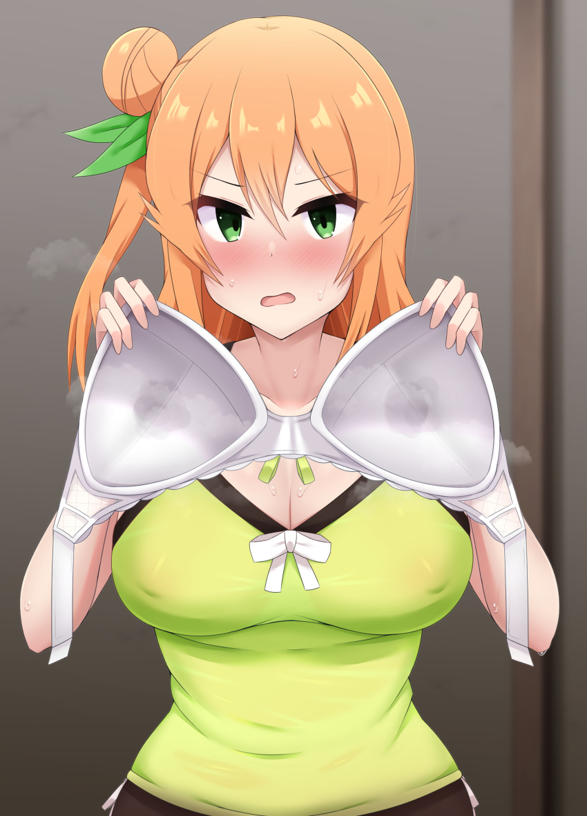 1girl absurdres bra breasts embarrassed green_eyes hair_bun highres hinatsuki_mikan holding holding_bra holding_clothes holding_underwear large_breasts long_hair looking_at_viewer machikado_mazoku no_bra open_mouth solo sura_sura sweat tongue underwear white_bra