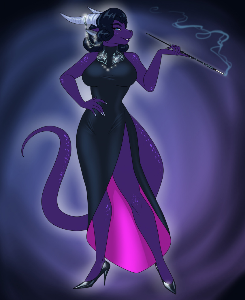 anthro blue_eyes breasts chain cigarette_holder clothing crovirus curled_hair dark_hair dragon dragon_sorceress_(kerneldecoy) dress ear_piercing ear_ring female footwear hair hand_on_hip hi_res high_heels horn horn_jewelry horn_ring looking_at_viewer nails non-mammal_breasts piercing purple_body ring_(jewelry) ring_piercing simple_background smile smoke solo