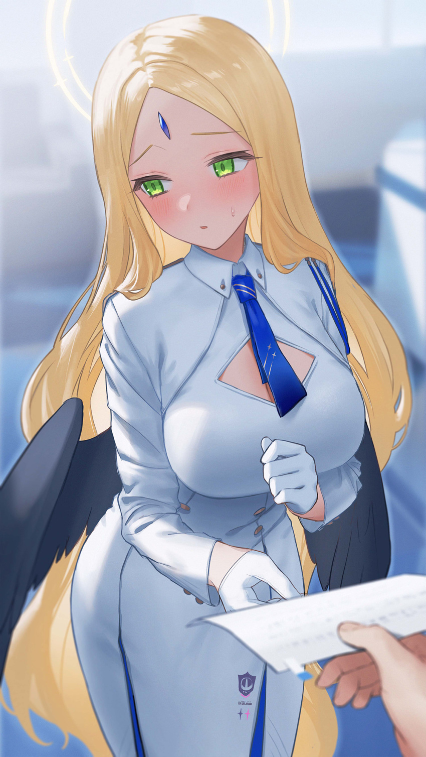 1girl ayumu_(blue_archive) black_wings blue_archive blue_necktie blurry blurry_background blush breasts commentary_request dress facial_mark forehead_mark gloves green_eyes half_gloves halo highres jfjf large_breasts long_hair looking_to_the_side necktie solo_focus very_long_hair white_dress white_gloves wings