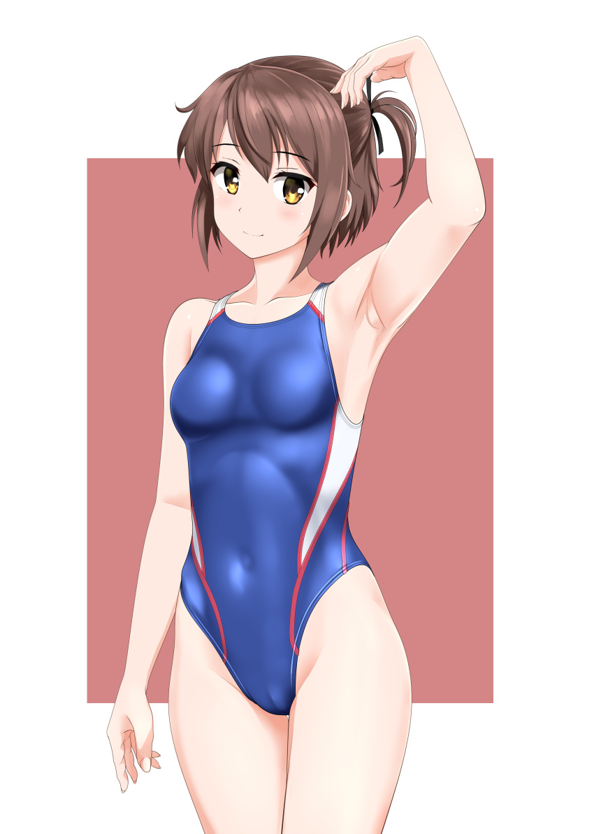 1girl absurdres arm_up armpits black_ribbon blue_one-piece_swimsuit breasts brown_hair cameltoe commission competition_swimsuit covered_navel etou_kanami hair_ribbon highres looking_at_viewer multicolored_clothes multicolored_swimsuit one-piece_swimsuit one_side_up ribbon short_hair skeb_commission small_breasts solo swimsuit takafumi toji_no_miko