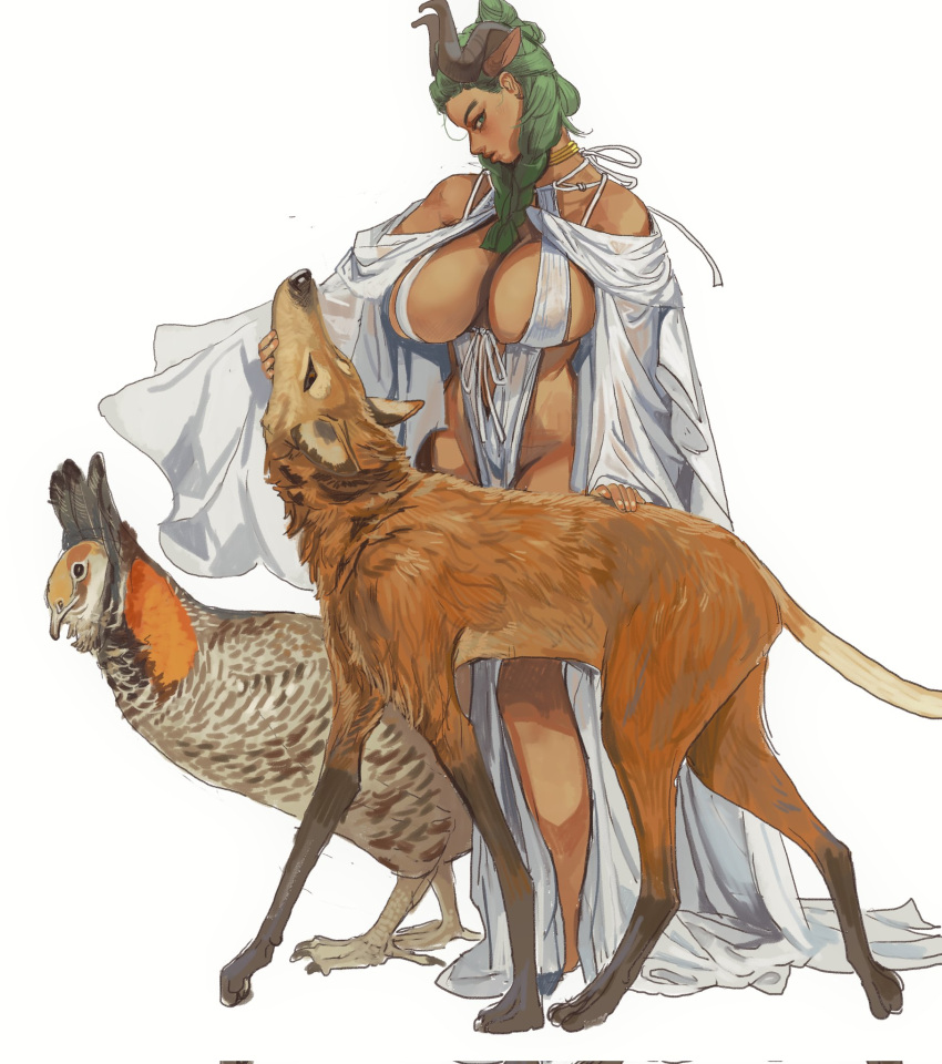 ambiguous_gender avian big_breasts bird breasts canid canine chicken female feral galliform gallus_(genus) group hi_res horn horned_humanoid humanoid looking_at_viewer mammal maned_wolf mossa phasianid prairie_chicken semi_clothed trio