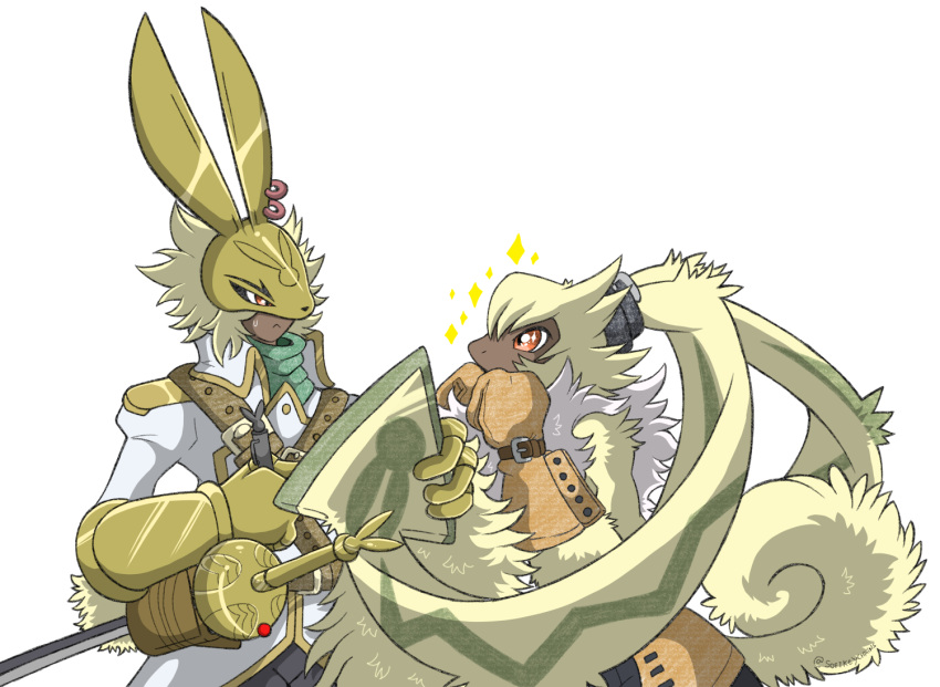 anthro armor bandai_namco belt bottomwear clothing curled_tail diarbitmon digimon digimon_ghost_game duo ear_piercing ear_ring evolutionary_family fluffy_chest fur gloves handwear knight lagomorph leporid long_ears male mammal melee_weapon orange_eyes pants piercing ponytail_ears portugueselynx rabbit rapier ring_piercing shirtless small_waist sparkling_eyes sword symbareangoramon warrior weapon yellow_body yellow_fur