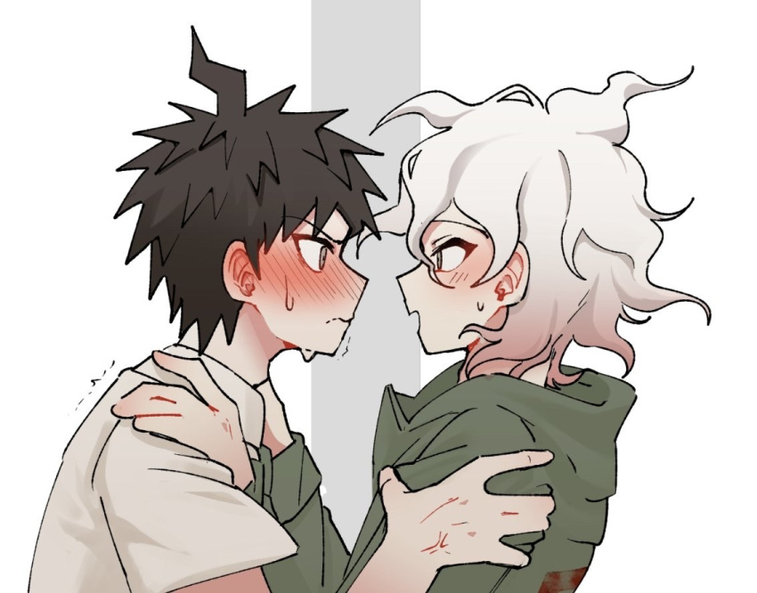 2boys :d ahoge anger_vein black_hair blush closed_mouth collared_shirt commentary danganronpa_(series) danganronpa_2:_goodbye_despair english_commentary from_side gradient_hair green_jacket grey_eyes hair_between_eyes hands_on_another's_shoulders hinata_hajime hood hood_down hooded_jacket jacket komaeda_nagito long_sleeves looking_at_another male_focus multicolored_hair multiple_boys pink_hair portrait profile seumol_sx shirt short_hair short_sleeves simple_background smile spiked_hair sweat unfinished v-shaped_eyebrows wavy_hair white_background white_hair white_shirt yaoi