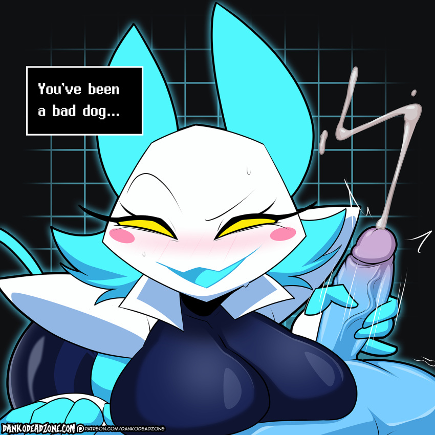 anthro big_breasts blush bodily_fluids breasts cum cumshot dankodeadzone deltarune ejaculation female genital_fluids genitals handjob hi_res kris_(deltarune) machine male male/female penile penis robot sex tasque_manager undertale_(series) video_games