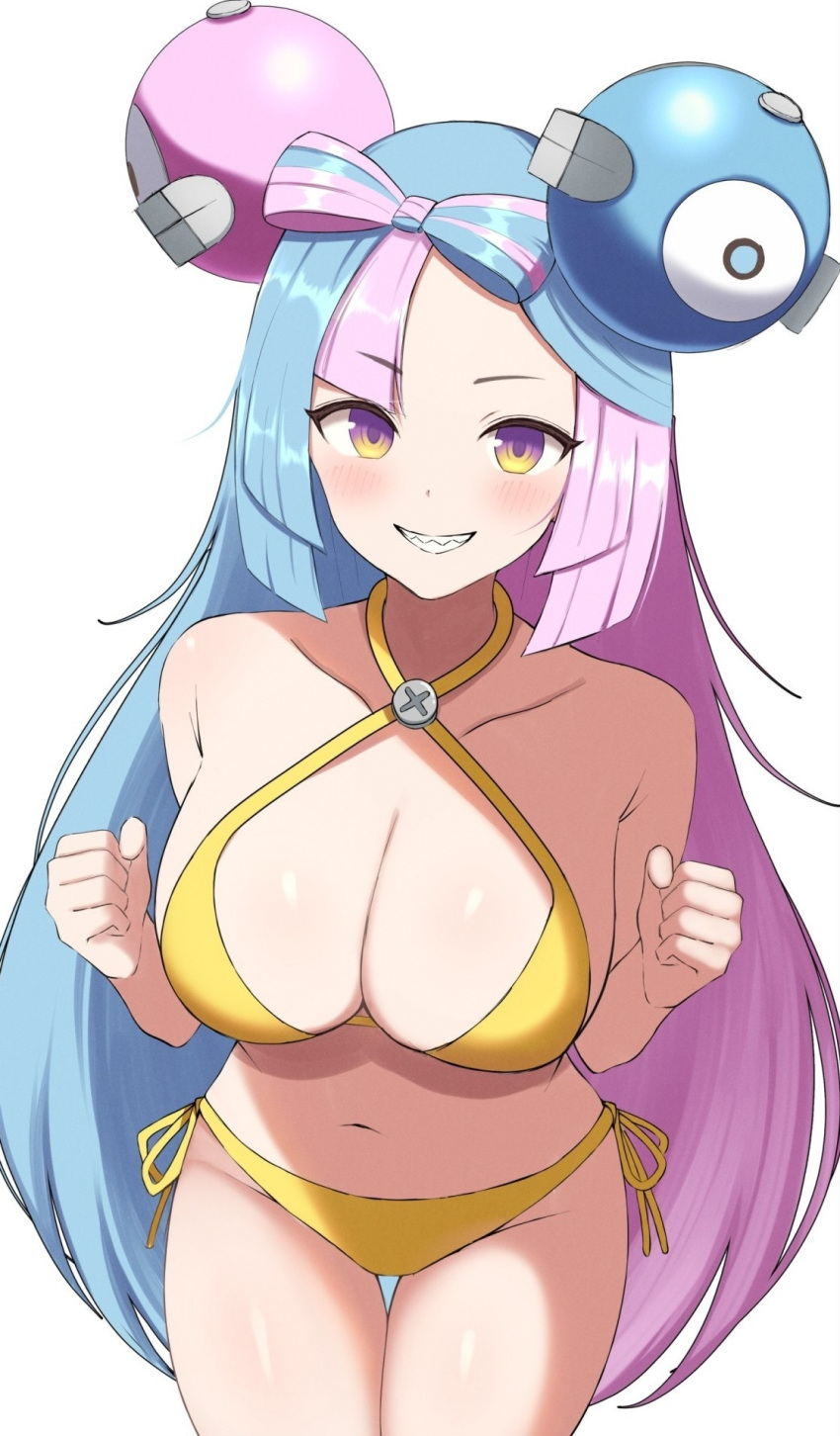 1girl bare_shoulders bikini blue_hair blush breasts cleavage clenched_hands collarbone grin hair_ornament hands_up highres iono_(pokemon) large_breasts long_hair multicolored_hair navel pink_hair pokemon pokemon_(game) pokemon_sv sharp_teeth side-tie_bikini_bottom smile solo split-color_hair stomach surippa1010 swimsuit teeth two-tone_hair very_long_hair yellow_bikini yellow_eyes