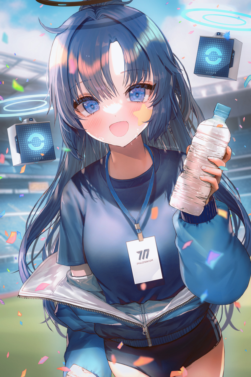 1girl :d blue_archive blue_eyes blue_hair blue_jacket blue_shirt blurry blurry_background bottle halo hanato_(seonoaiko) highres holding holding_bottle jacket lanyard long_hair official_alternate_costume open_mouth outdoors plastic_bottle shirt smile solo stadium star_sticker sticker_on_face water_bottle yuuka_(blue_archive) yuuka_(gym_uniform)_(blue_archive) zipper