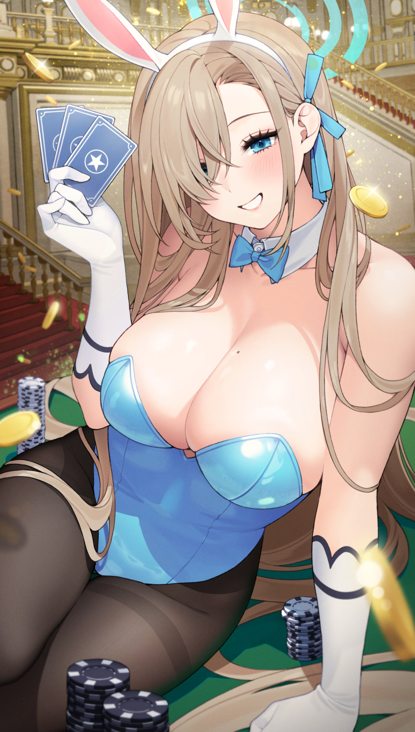 1girl absurdres animal_ears asuna_(blue_archive) asuna_(bunny)_(blue_archive) bare_shoulders blue_archive blue_bow blue_bowtie blue_eyes blue_leotard blue_ribbon bow bowtie breasts brown_pantyhose card detached_collar fake_animal_ears gloves hair_over_one_eye hair_ribbon halo highres large_breasts leotard light_brown_hair long_hair looking_at_viewer mole mole_on_breast official_alternate_costume pantyhose playboy_bunny playing_card poker_chip poker_table rabbit_ears ribbon smile solo table thighband_pantyhose white_gloves yeije