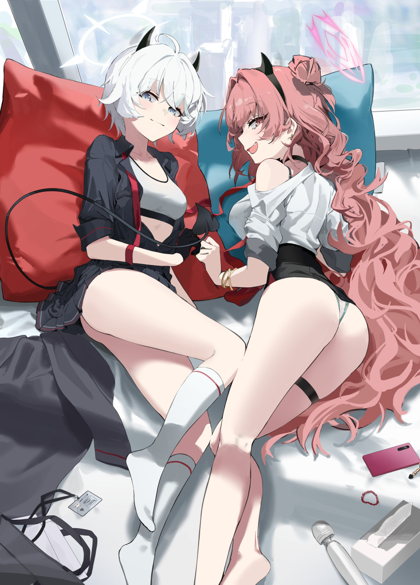 2girls absurdres animal_ears ass bag bare_shoulders blue_archive blush breasts cellphone crop_top demon_horns demon_tail digital_media_player earphones erika_(blue_archive) highres hitachi_magic_wand holding holding_hands holding_phone horns jacket kirara_(blue_archive) long_hair mark_jin multiple_girls open_mouth panties phone pillow pink_hair sex_toy shirt short_hair shorts smartphone smile socks tail thigh_strap twintails underwear very_long_hair vibrator white_hair wristband
