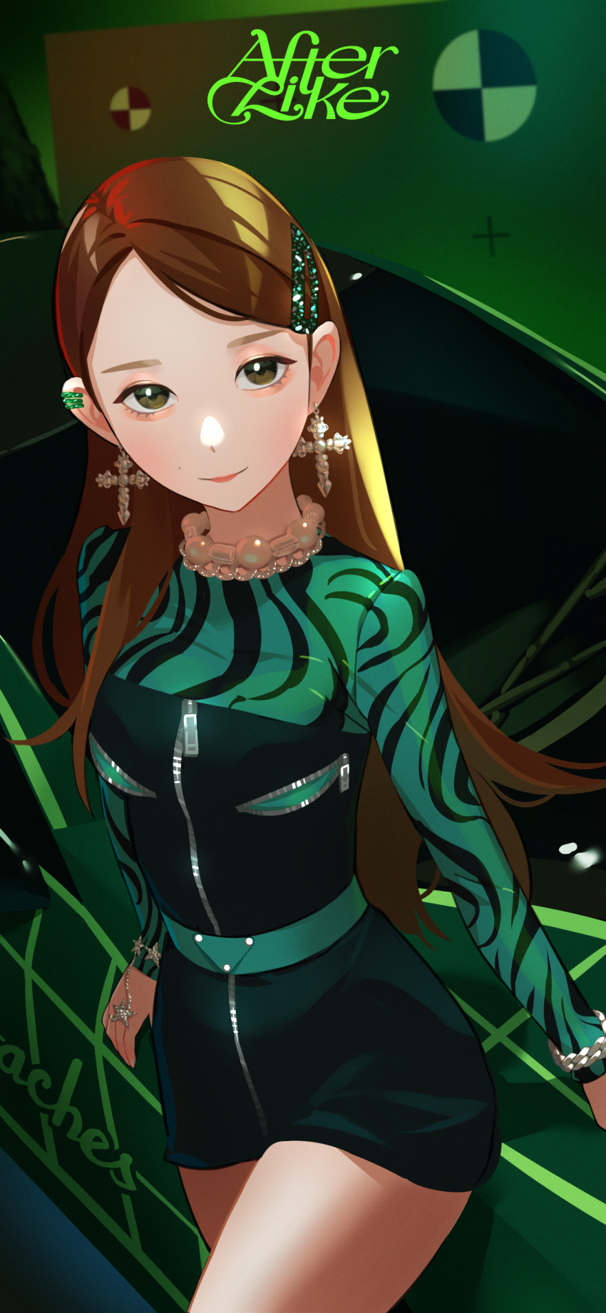 1girl absurdres after_like_(ive) animification bangs black_shorts breasts brown_eyes brown_hair cross cross_earrings earrings green_belt green_shirt hair_behind_ear hair_ornament hairclip highres ive_(group) jewelry k-pop leeseo_(ive) long_hair long_sleeves looking_at_viewer making-of_available medium_breasts mole mole_above_mouth parted_bangs real_life shirt shorts smile solo song_name very_long_hair yeoneotail