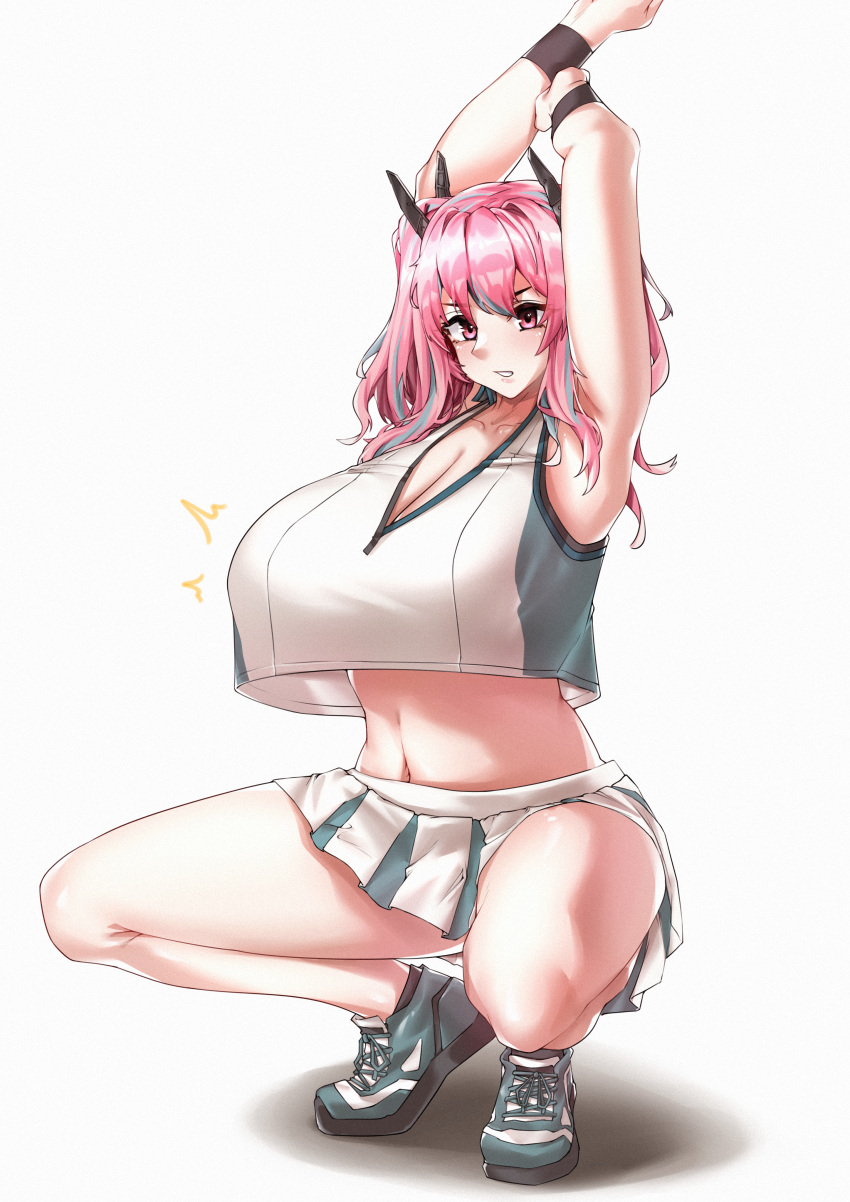 1girl absurdres armpits arms_up azur_lane bangs bare_shoulders breasts bremerton_(azur_lane) bremerton_(scorching-hot_training)_(azur_lane) cleavage collarbone commentary crop_top crop_top_overhang full_body green_footwear green_skirt grey_hair hair_between_eyes hair_ornament highres hokkyokusei large_breasts long_hair looking_at_viewer midriff multicolored_hair navel no_mole official_alternate_costume parted_lips pink_eyes pink_hair pleated_skirt shadow shirt shoes sidelocks simple_background skirt sleeveless sleeveless_shirt sneakers solo sportswear squatting streaked_hair tennis_uniform twintails two-tone_hair two-tone_shirt two-tone_skirt white_background white_shirt white_skirt wristband