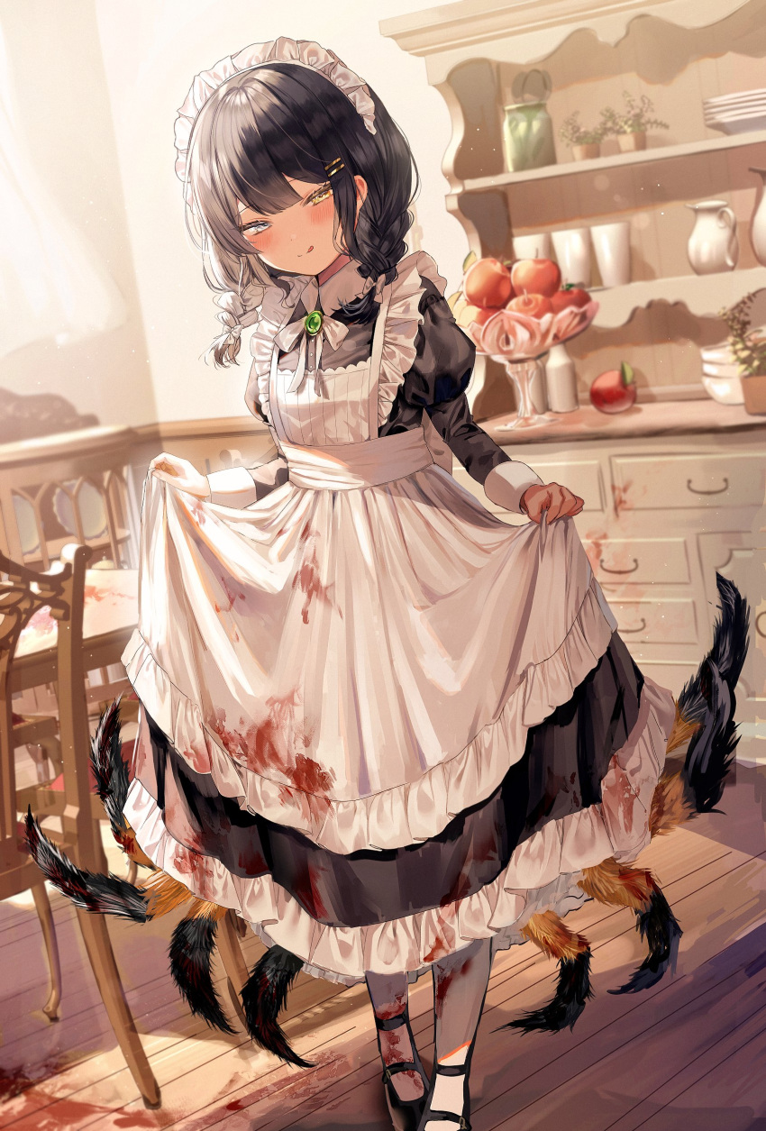 absurdres apple apron arthropod_girl arthropod_limbs black_hair blood blood_on_clothes blood_stain blush braid cupboard curtsey food fruit green_eyes highres licking_lips maid maid_apron maid_headdress monster_girl original spider_girl table tongue tongue_out twin_braids wooden_floor y_o_u_k_a
