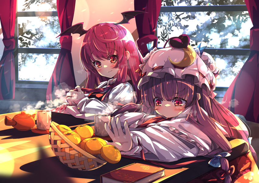 2girls basket blue_bow blue_ribbon blush book bow closed_mouth commentary_request crescent crescent_hat_ornament cup curtains demon_tail dress fingernails food fruit hair_bow hat hat_ornament hat_ribbon head_wings highres indoors koakuma kotatsu long_hair long_sleeves looking_at_another looking_at_object mandarin_orange mob_cap multiple_girls nail_polish necktie patchouli_knowledge purple_hair reaching red_eyes red_hair red_nails red_necktie ribbon shirt sidelocks sleeve_cuffs table tail teapot touhou v-shaped_eyebrows very_long_hair white_dress white_headwear white_shirt window woruta_(soloistlist) yunomi