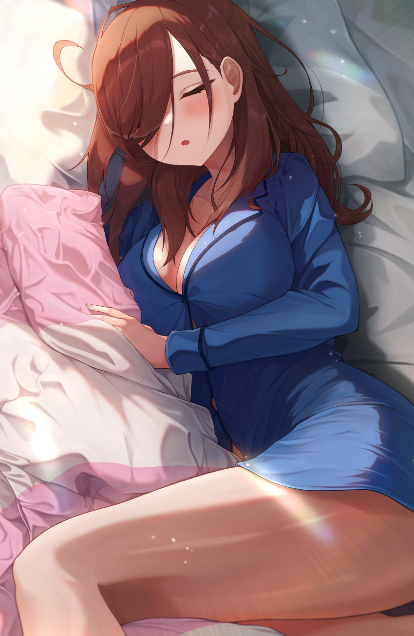1girl absurdres bangs bare_legs blush breasts brown_hair bursting_breasts button_gap cleavage closed_eyes collarbone go-toubun_no_hanayome hair_down hair_over_one_eye highres hiyoku large_breasts long_hair long_sleeves lying morning nakano_miku on_bed on_side open_mouth pajamas sleeping solo sunlight swept_bangs