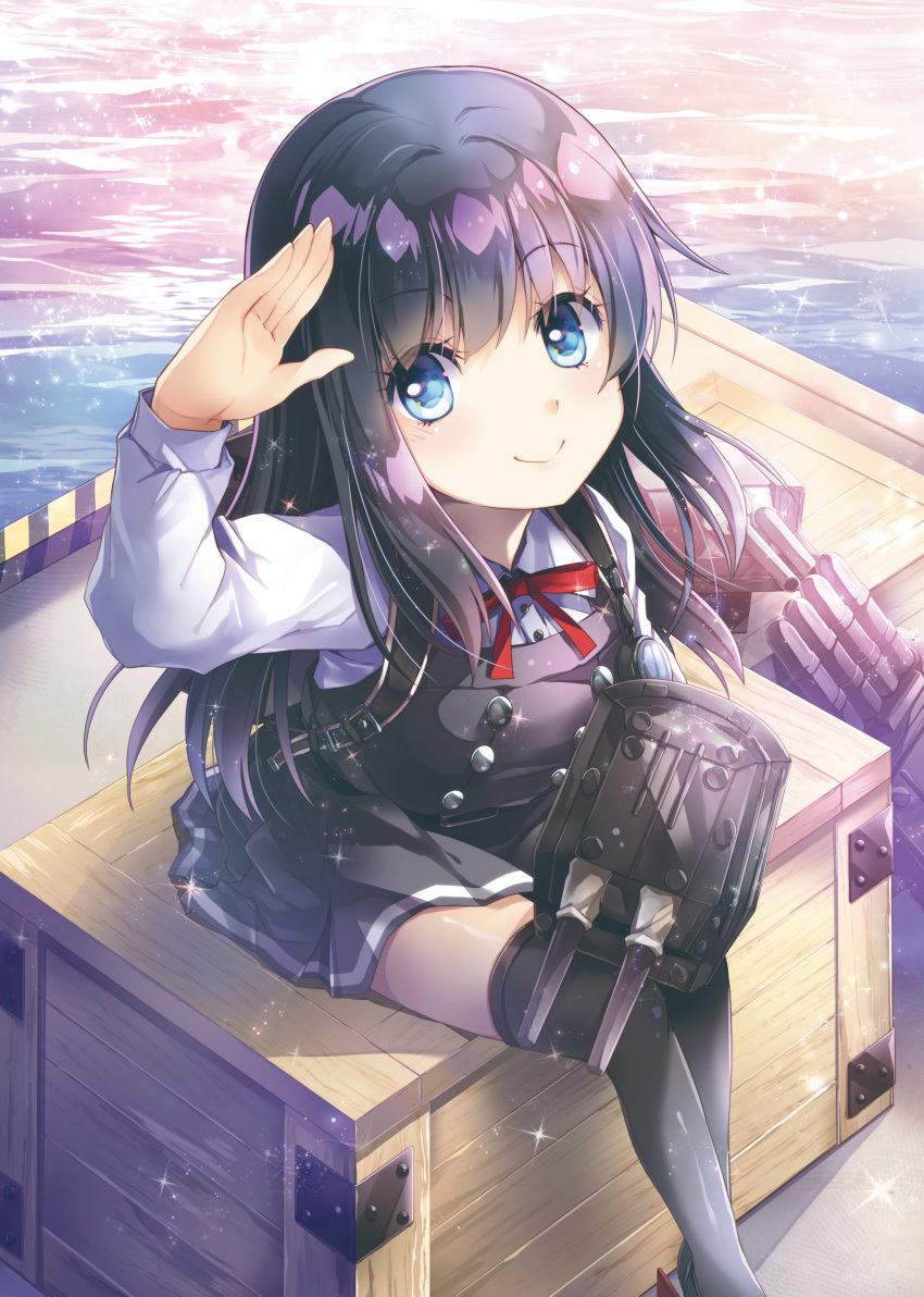 1girl absurdres adapted_turret asashio_(kancolle) ayuya_naka_no_hito black_hair blue_eyes box cannon cleaning crate day dress from_above hair_between_eyes highres kancolle_arcade kantai_collection long_hair long_sleeves looking_at_viewer looking_up machinery outdoors pinafore_dress rigging salute shirt short_sleeves sitting smokestack solo thighhighs torpedo torpedo_launcher torpedo_tubes turret water white_shirt