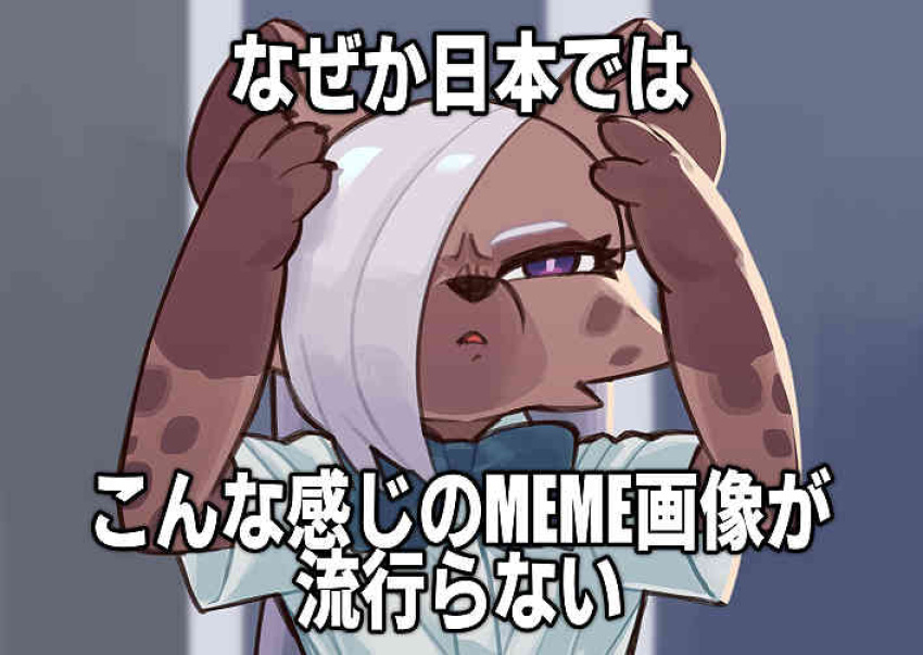 3_fingers anthro bow_tie breasts cheek_tuft claws clothed clothing digital_media_(artwork) eyelashes facial_tuft female fingers frown fur hair hair_over_eye hyaenid japanese_text jk_(kemokin_mania) kemokin_mania mammal meme narrowed_eyes one_eye_obstructed open_mouth purple_eyes shirt simple_background solo spots spotted_hyena text topwear translation_request tuft white_clothing white_hair white_shirt white_topwear