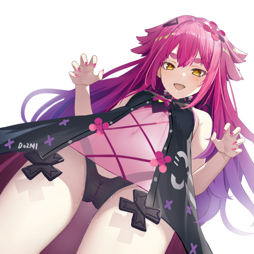 1girl absurdres bare_shoulders black_dress black_panties blush breasts cameltoe claw_pose cowboy_shot do2mi_doreimi dress dutch_angle fenrir_(tower_of_fantasy) fingernails hair_flaps highres long_fingernails long_hair navel open_mouth panties pantyshot pink_hair pink_nails see-through see-through_dress simple_background sleeveless sleeveless_dress small_breasts solo thick_eyebrows tower_of_fantasy underwear white_background yellow_eyes