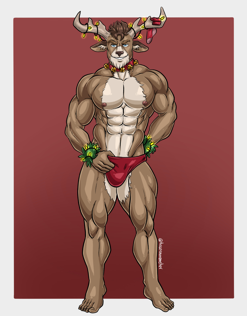5_toes absurd_res anthro barefoot bell bell_collar capreoline christmas_lights clothing collar deer dolph_(fortnite) epic_games feet fortnite hi_res male mammal nipples reindeer shirtless_anthro shirtless_male solo speedo swimwear toes triceramonster video_games