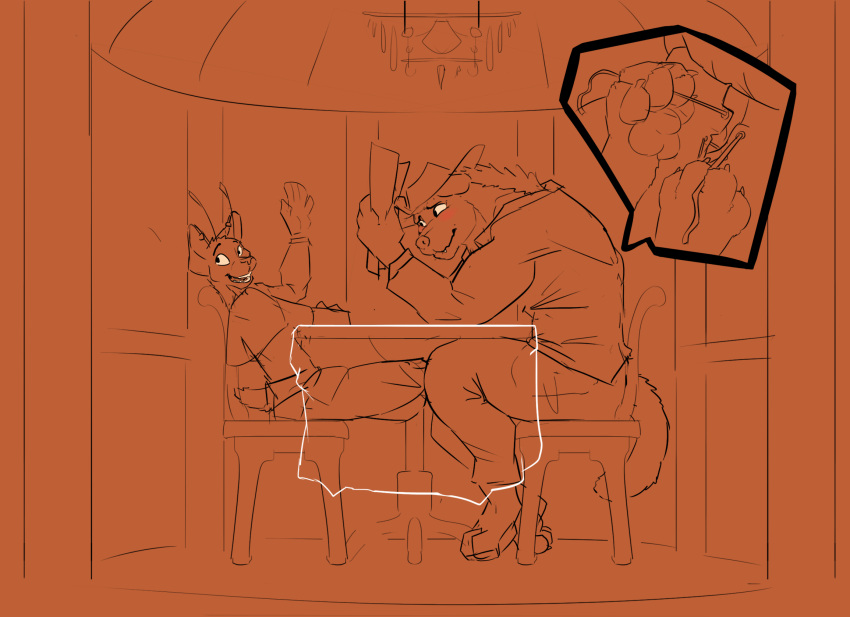 anthro clothing cricket_talot dungeons_and_dragons duo embarrassed fek felid gazebo gesture gnoll hasbro hat headgear headwear hi_res male male/male mammal pawpads paws restaurant tabaxi tablecloth thacharay_weeds under_table undoing_clothing waving wizards_of_the_coast