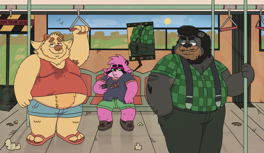 anthro bear bodily_fluids brum butt canid canine caught detailed_background erection group hi_res looking_back male mammal meek_(character) mrdannyloco overweight overweight_male phone raccoon_dog steve_jovonovich sweat sweaty_butt tanuki train trio vehicle