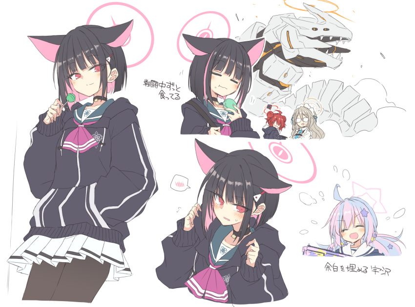 4girls =_= ahoge akane_(blue_archive) animal_ears binah_(blue_archive) black_collar black_hair black_hoodie black_pantyhose blue_archive blue_hair blue_necktie blue_sailor_collar blush candy closed_mouth collar colored_inner_hair double_bun eating flying_sweatdrops food hair_bun hair_ornament hairclip halo hand_in_pocket highres holding holding_candy holding_food holding_lollipop hood hoodie kazusa_(blue_archive) light_brown_hair lollipop long_sleeves looking_at_viewer low_twintails macaron maki_(blue_archive) miniskirt multicolored_hair multiple_girls multiple_views neckerchief necktie open_mouth pantyhose parted_lips pink_hair pink_neckerchief pleated_skirt red_eyes red_hair reisa_(blue_archive) sailor_collar satou_kibi short_hair simple_background skirt smile solo_focus star_(symbol) star_hair_ornament streaked_hair sweat twintails two-tone_hair white_background white_skirt