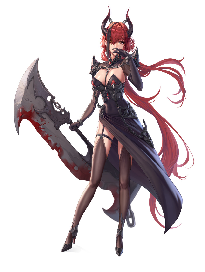 1girl absurdres armor black_dress black_footwear black_gloves black_hair black_thighhighs breasts chain cleavage_cutout clothing_cutout cryturtle demon_horns dress elbow_gloves full_body garter_straps gloves hand_to_own_mouth high_heels highres holding holding_weapon horns huge_weapon large_breasts long_dress long_hair multicolored_hair orange_eyes original red_hair shoulder_armor side_slit smile solo standing streaked_hair thighhighs thighlet tri_tails very_long_hair weapon white_background