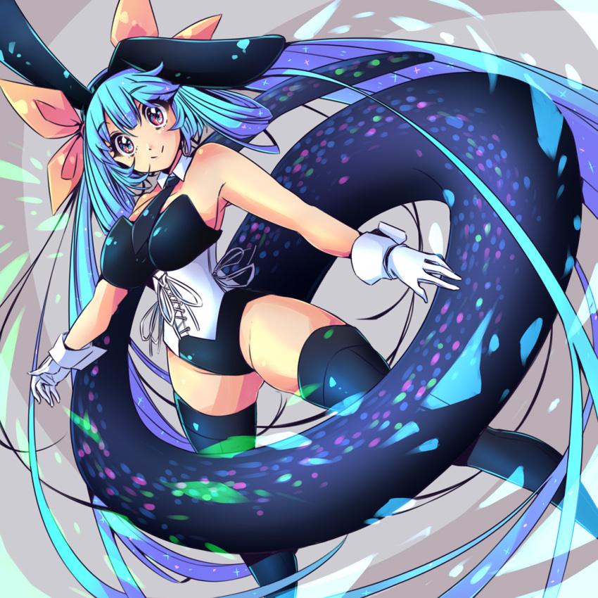 1girl animal_ears bangs black_leotard black_necktie black_thighhighs blue_hair blush breasts cleavage closed_mouth collar commission corset dizzy_(guilty_gear) fake_animal_ears gloves groin guilty_gear guilty_gear_xrd hair_between_eyes hair_ribbon hair_rings highleg highleg_leotard iguana_henshuu-chou large_breasts leotard long_hair monster_girl necktie playboy_bunny rabbit_ears red_eyes ribbon simple_background skeb_commission skindentation smile solo tail tail_ornament tail_ribbon thick_thighs thighhighs thighs twintails white_background white_collar white_gloves wrist_cuffs yellow_ribbon