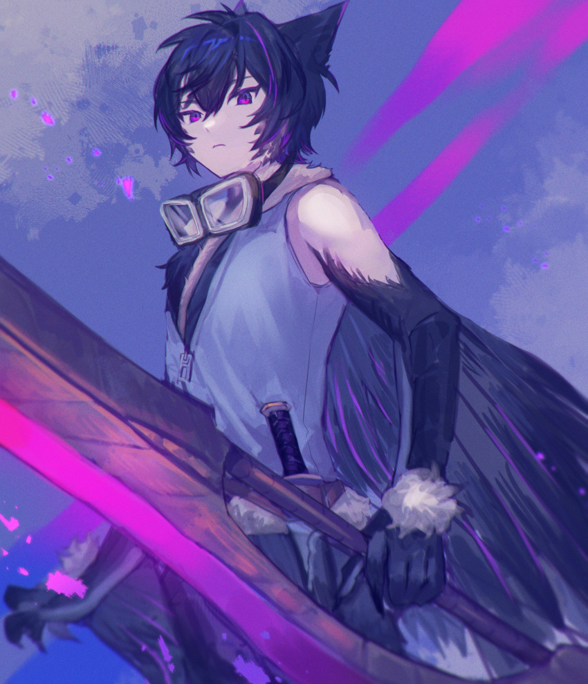 1boy angry animal_ears claws feathers goggles goggles_around_neck harpy harpy_boy haru_tori_(vtuber) highres holding holding_sword holding_weapon indie_virtual_youtuber knife looking_down monster_boy monster_girl purple_eyes purple_hair shionty short_hair simple_background sword vest weapon wings