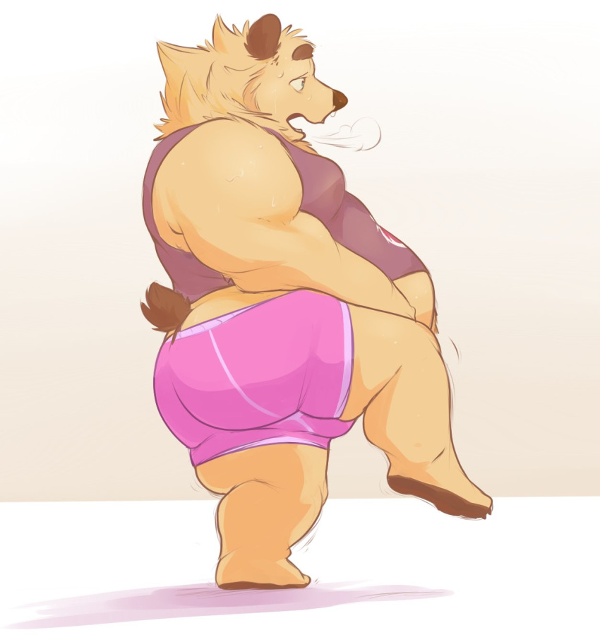 bear bearwithabroom belly bodily_fluids brum butt clothed clothing exercise feet hi_res male mammal overweight overweight_male simple_background solo sweat workout