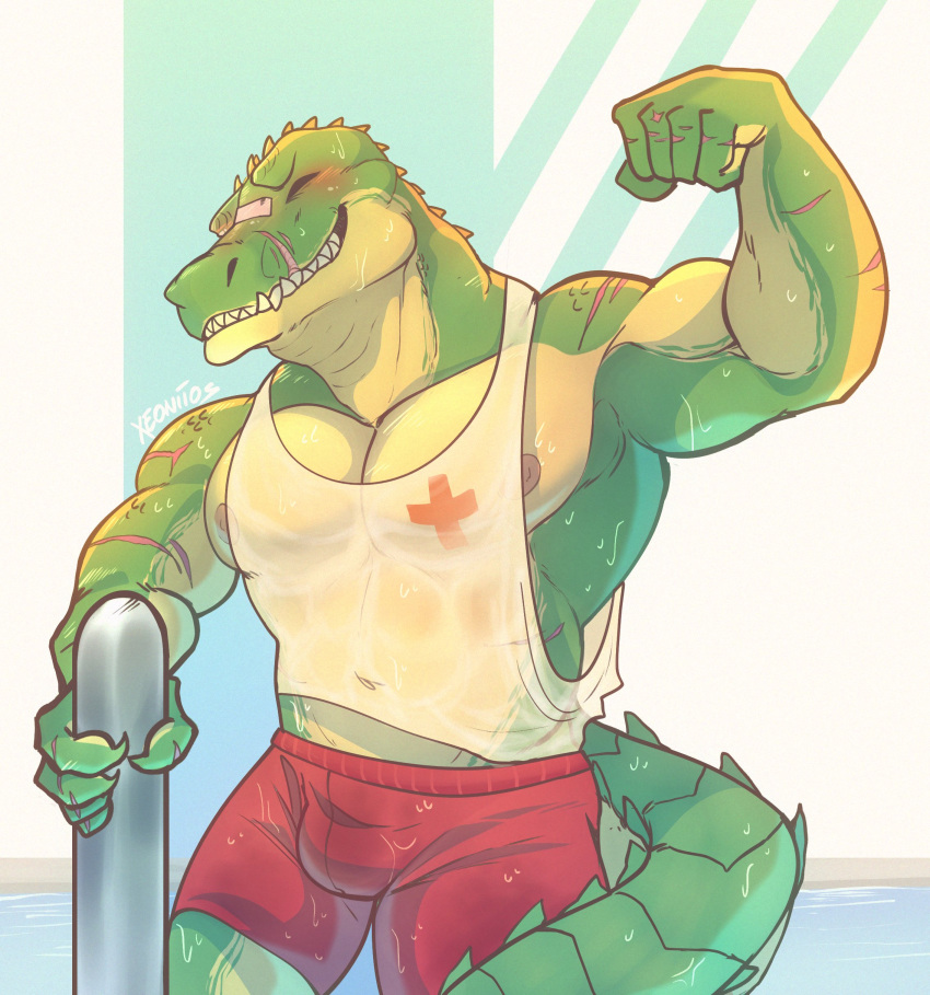 + 2020 5_fingers absurd_res anthro arm_scar bandage_on_nose blush bottomwear clothed clothing countershading crocodile crocodilian crocodylid digital_media_(artwork) eyes_closed facial_scar fingers flexing_bicep green_body green_scales grin hi_res league_of_legends lifeguard male muscular muscular_anthro muscular_male neck_ridge nipples non-mammal_nipples pecs red_bottomwear red_clothing red_shorts renekton reptile riot_games scales scalie scar sharp_teeth shirt shorts signature simple_background smile solo standing swimming_trunks swimwear tail_ridge tank_top teeth topwear translucent translucent_clothing video_games water wet wet_body wet_scales white_background xeoniios yellow_body yellow_scales