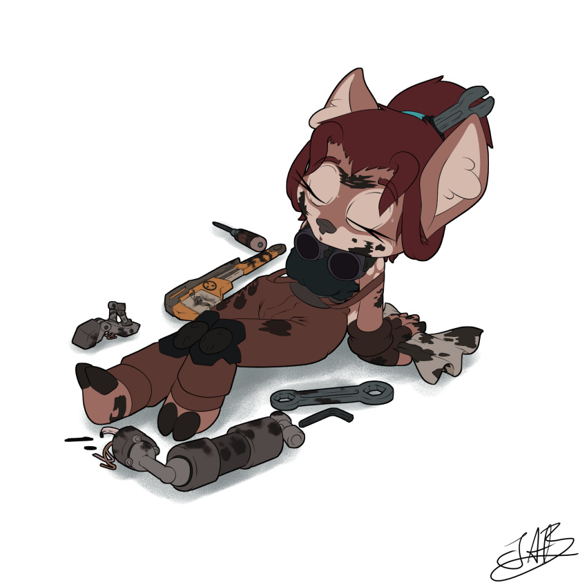 anthro bodily_fluids clothing deer eyewear female fluffy_ears gloves goggles hair handwear hi_res isa_sturmi mammal mechanic oil_spill oil_stain red_hair robotics science_fiction size_difference smaller_female solo sweat tired tools turkojar wrench