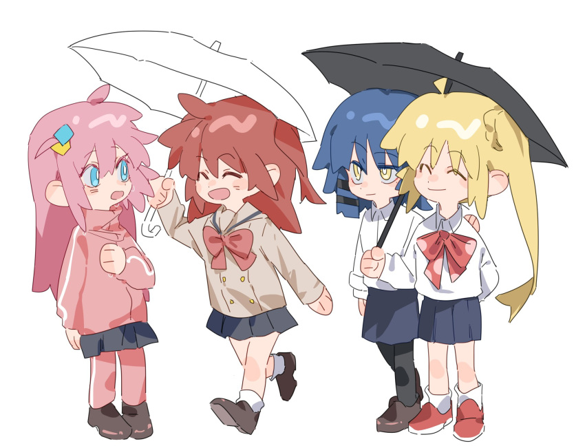 4girls :o ^_^ ^o^ bangs blonde_hair blue_eyes blue_hair bocchi_the_rock! chibi closed_eyes closed_mouth cube_hair_ornament gotou_hitori hair_between_eyes hair_ornament highres holding holding_umbrella ijichi_nijika kita_ikuyo long_hair molu_stranger multiple_girls one_side_up open_mouth pants pink_hair pleated_skirt red_hair school_uniform short_hair side_ponytail sidelocks simple_background skirt smile track_pants track_suit umbrella white_background yamada_ryou yellow_eyes